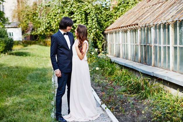 Bella sposa e lo sposo in piedi vicino a vicenda sullo sfondo del parco, foto del matrimonio, bella coppia, giorno del matrimonio, ritratto.