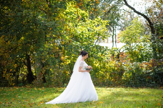 Bella sposa in abito da sposa nel parco