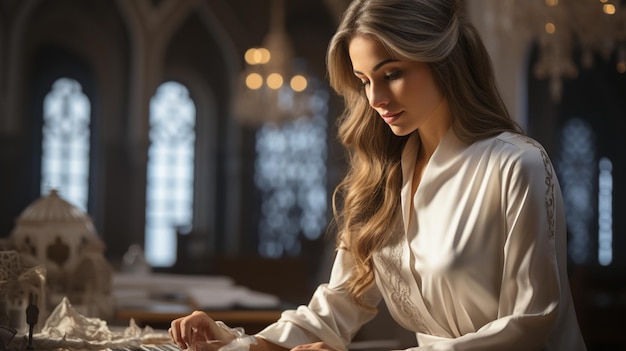 bella sposa in abito di pizzo bianco con capelli lunghi e trucco in un bar in un ristorante