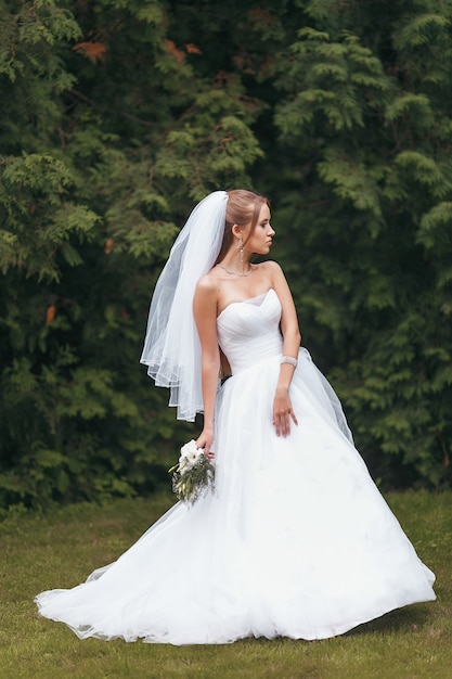 Bella sposa in un magnifico abito da sposa in posa tra il verde sulla strada