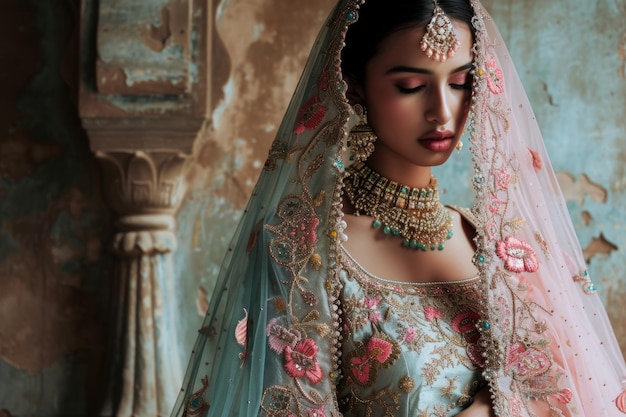 Bella sposa indiana vestita con abiti da sposa tradizionali