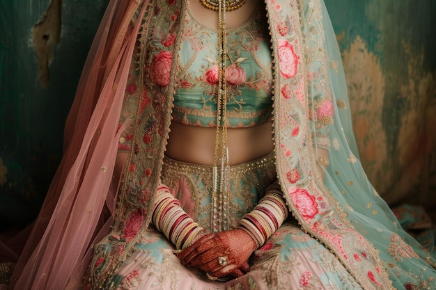 Bella sposa indiana vestita con abiti da sposa tradizionali