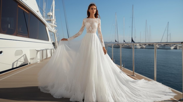 Bella sposa sul mare Scena epica con il mare e una splendida donna modello creato con la tecnologia Generative Al