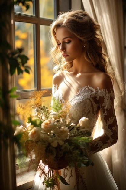 Bella sposa vicino alla finestra con fiori autunnali