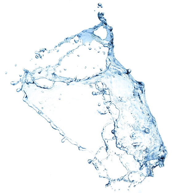 Bella spruzzata di acqua blu fresca ad alta risoluzione isolata su priorità bassa bianca