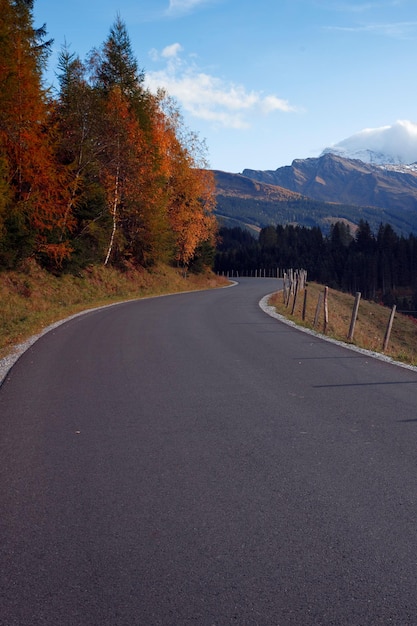 Bella strada alla luce del sole nelle montagne dell'austria