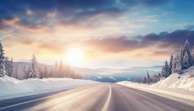 Bella strada invernale al tramonto
