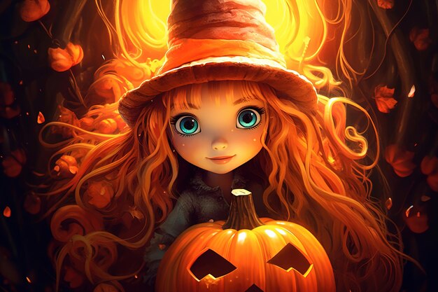 Bella strega dai capelli rossi in cappello con zucca di Halloween decorata che guarda l'obbiettivo con grandi occhi azzurri Festa tradizionale autunnale Concetto di Halloween Illustrazione AI generativa