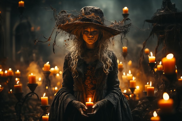 bella strega fa rituale mentre è seduta circondata da candele in un castello buio FairytaleHalloween