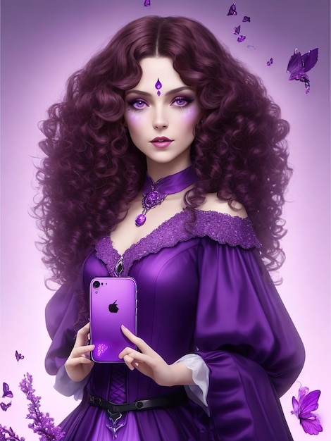 bella strega illustrata con i capelli ricci in colore viola