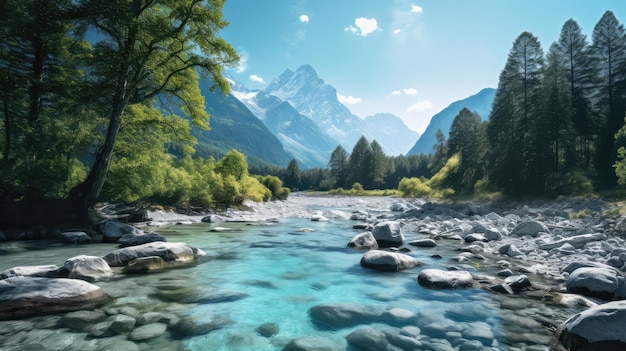 Bella Svizzera Blue River Stream Paesaggio Wallpaper Generato AI