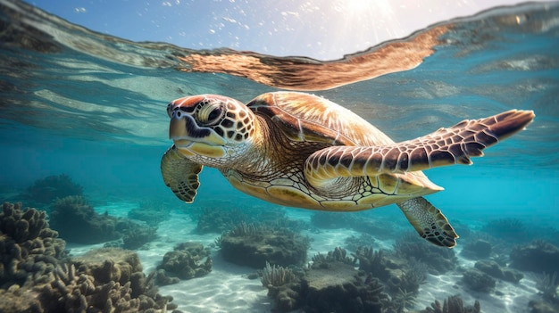 Bella tartaruga marina che nuota nella barriera corallina di un'isola tropicale Tartaruga gigante che nuota verso il mare