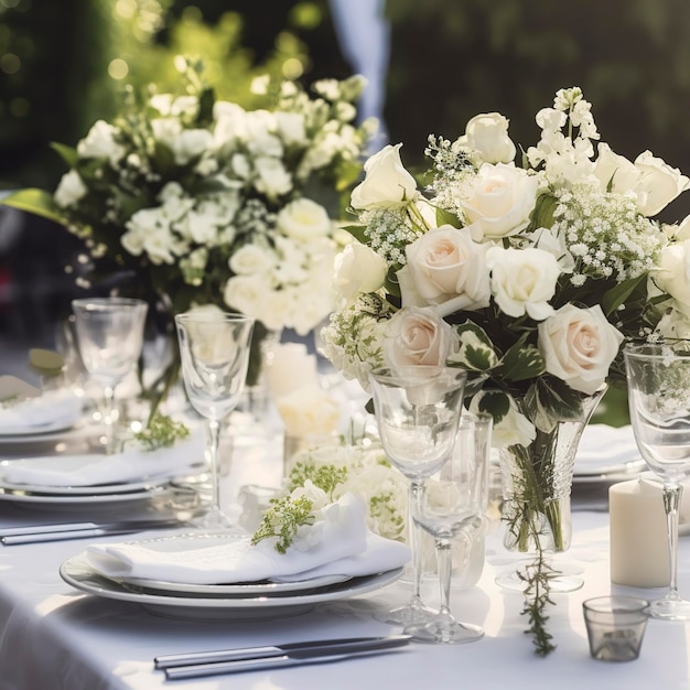 Bella tavola all'aperto con fiori bianchi per una cena, un matrimonio, un ricevimento o un altro evento festivo