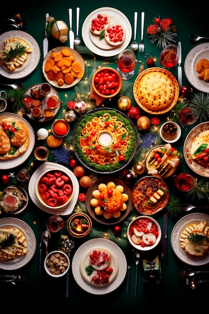 Bella tavola di Natale piena di cibo Generative AI Xmas
