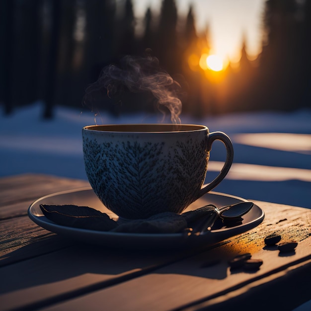 Bella tazza di caffè con paesaggio innevato IA generativa