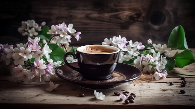 Bella tazza di caffè su un tavolo di legno con fiori primaverili IA generativa