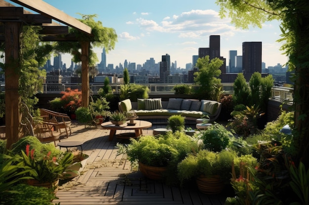 Bella terrazza nel giardino con vista sulla città Un bellissimo giardino sul tetto della città con bellissime piante verdi AI generato