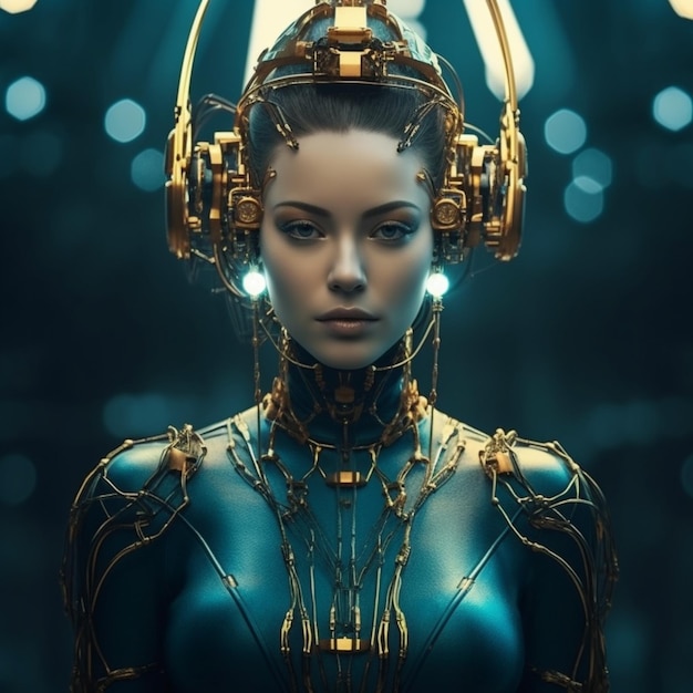 Bella testa di donna robotica futuristica con carta da parati per cuffie d'oro AI Arte generata