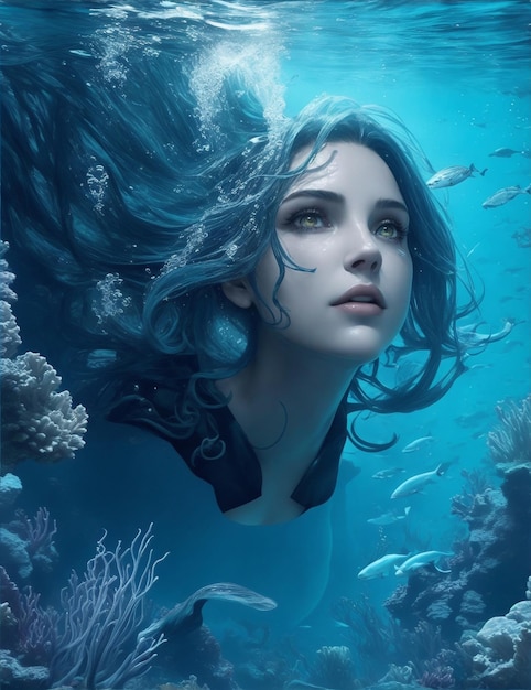 bella testa femminile con capelli ricci sotto il mare sotto l'acqua tema fantasia ritratto generativo ai