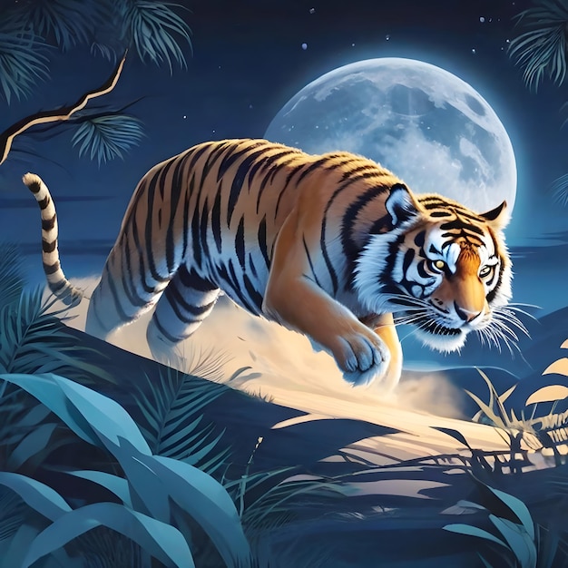 Bella tigre che attacca sotto la copertura alla luce della luna illustrazione AI generare immagine