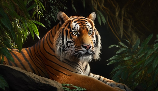 Bella tigre del Bengala con lussureggiante habitat verde backgroIA generativa