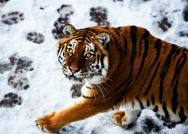 Bella tigre dell'Amur sulla neve Tigre nella foresta d'inverno