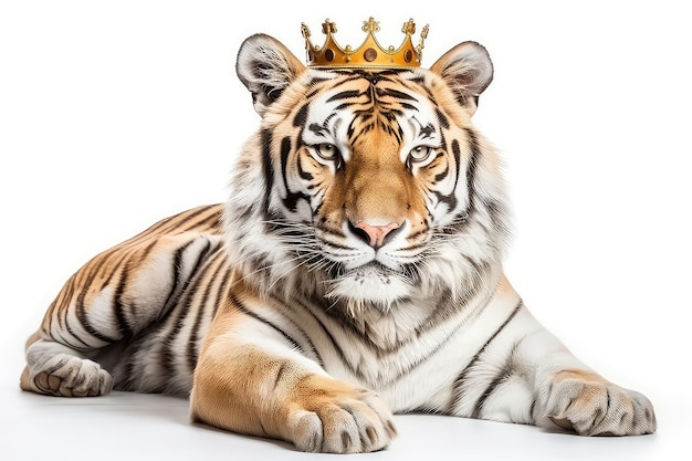 Bella tigre siberiana in corona d'oro su sfondo bianco IA generativa