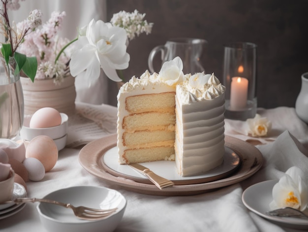 Bella torta alla vaniglia sul tavolo IA generativa