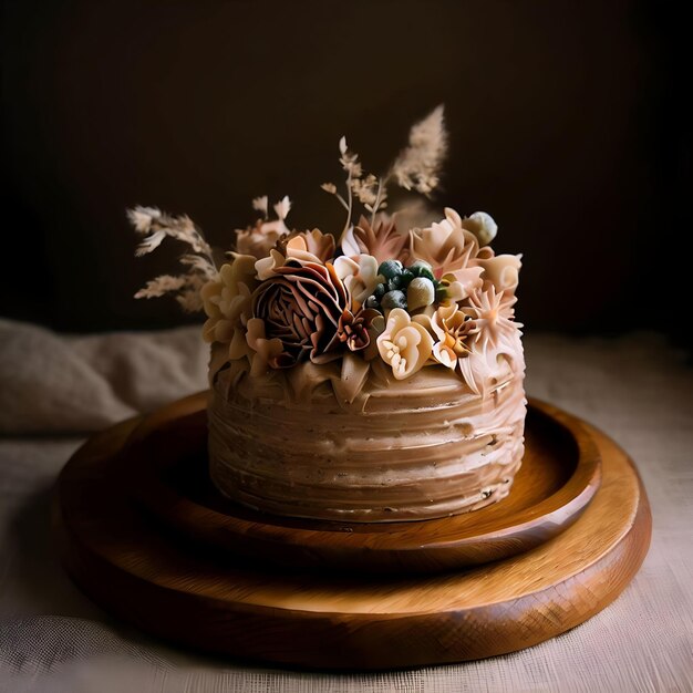 Bella torta con fiori su sfondo scuro, decorazione di pasticceria dolce, cibo delizioso