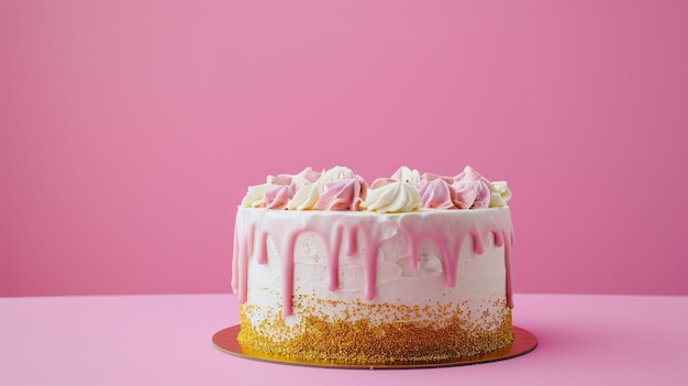 Bella torta di compleanno di celebrazione con candele di compleanno rosa e oro che scrivono Generative Ai