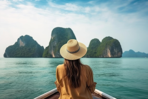 Bella turista donna con il cappello da sole seduta su uno yacht e guardando il mare turchese e la spiaggia dell'isola