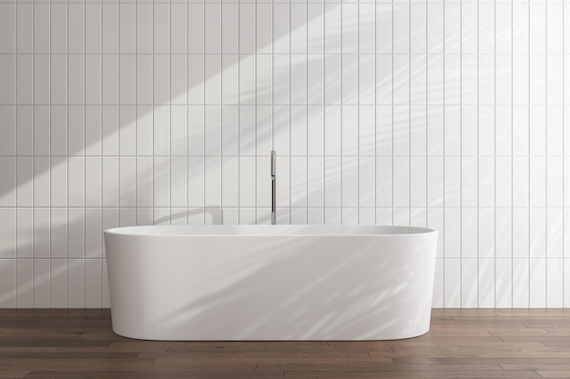 Bella vasca da bagno bianca in piedi sul pavimento in parquet, di fronte al muro di piastrelle bianche, rendering sunshine.3d