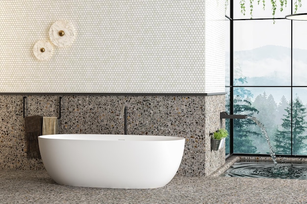 Bella vasca da bagno bianca sul pavimento del terrazzo in un bagno moderno con vista sulla foresta dalla parete degli accessori per il bagno degli asciugamani da piscina della finestra per simulare il rendering 3d