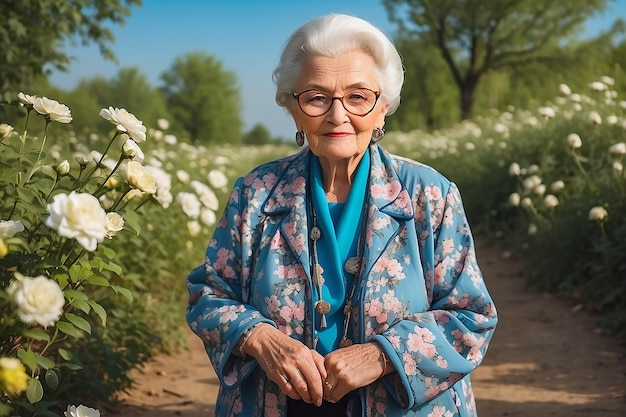 Bella vecchia donna all'aperto signora alla moda