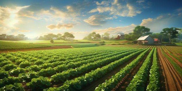 Bella veduta aerea di un lussureggiante campo di lattuga verde con un affascinante fienile sullo sfondo generato da...