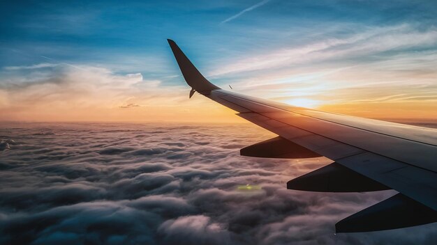 Bella vista aerea dall'ala di un aereo su nuvole bianche e cielo al tramonto