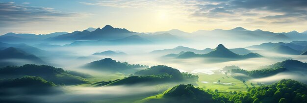 Bella vista aerea di un paesaggio collinare nella nebbia mattutina con i raggi del sole formato bandiera