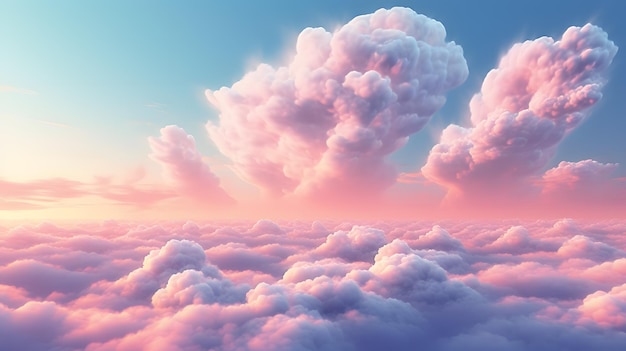 Bella vista aerea sopra le nuvole rosa al tramonto nell'illustrazione della rappresentazione 3d del mondo di barbie