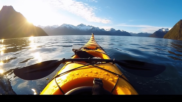 Bella vista anteriore del kayak in alaska luce solare brillante