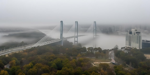 Bella vista dall'alto della città con un ponte nella nebbiaVeduta aerea Scatto panoramico IA generativa