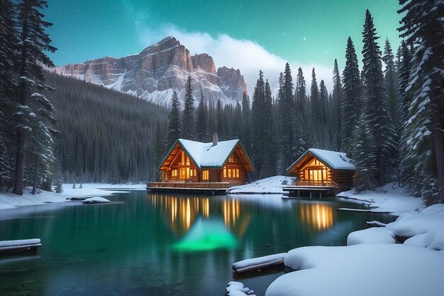 Bella vista del lago di Smeraldo con una loggia di legno luminosa e nevicate nella foresta di pini