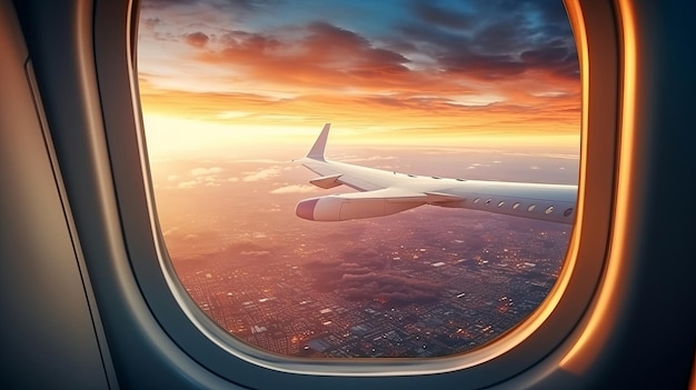Bella vista del paesaggio attraverso la finestra dell'aeroplano Vista mozzafiato della città e tramonto senza nuvole