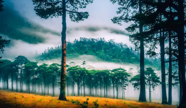 Bella vista del paesaggio della foresta nebbiosa al mattino