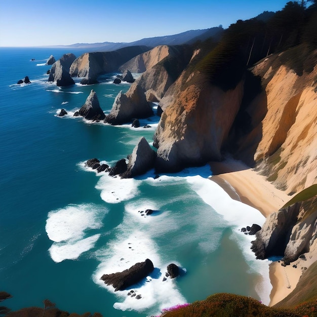 Bella vista del paesaggio della spiaggia dell'illustrazione realistica di Big Sur