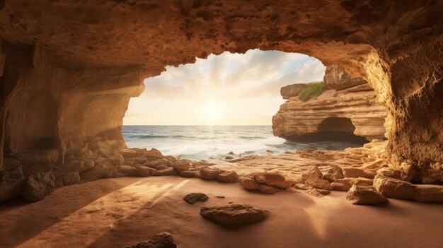 Bella vista del tramonto colorato attraverso una grotta rocciosa al mare blu con acqua cristallina