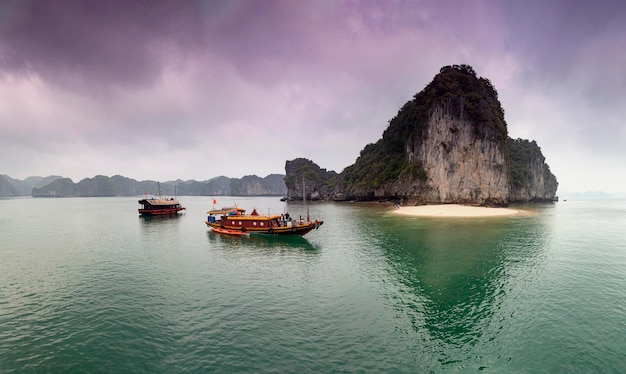 Bella vista dell'isola karstica e della barca turistica nella baia di Ha Long