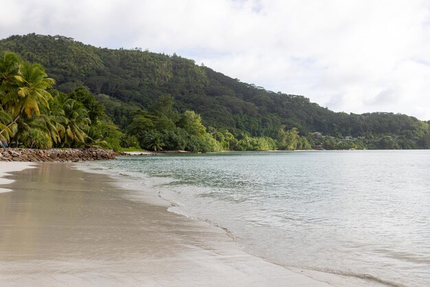 Bella vista dell'Oceano Indiano e della spiaggia Repubblica delle Seychelles Isola di Mahe Focalizzazione selettiva