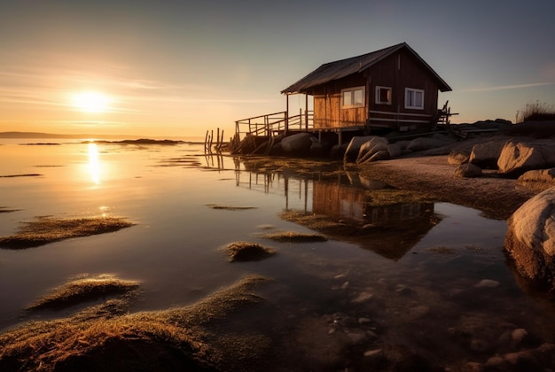 bella vista della capanna sulla spiaggia con il tramonto la sera ai generativo