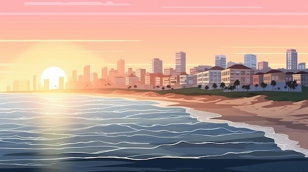 bella vista della città dalla spiaggia paesaggio sfondo illustrazione