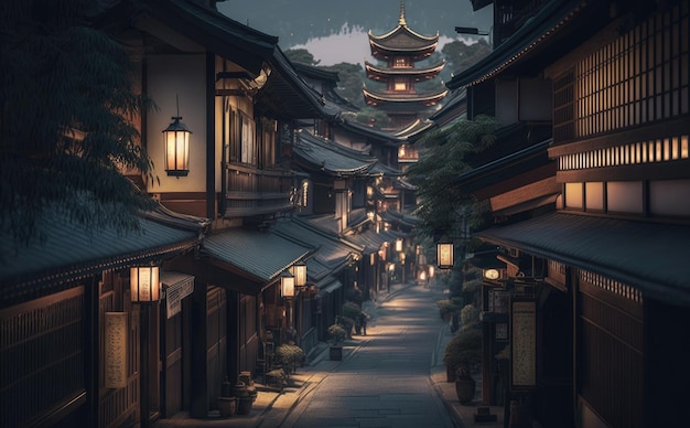 Bella vista della città vecchia di Kyoto di notte IA generativa